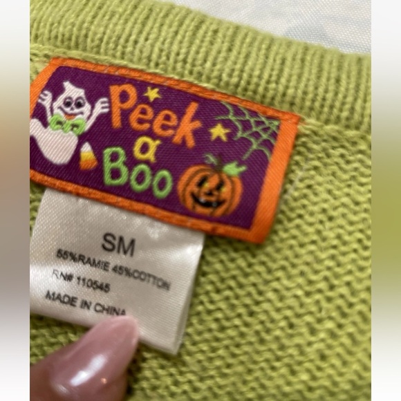 Peek A Boo Halloween Sequin Witches Hat Lime Green Pullover Sweater Women’s S - Picture 16 of 16